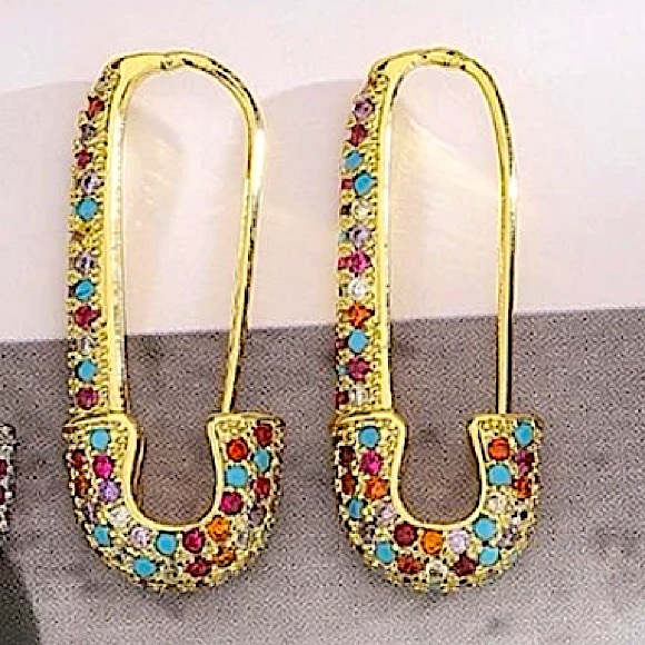 Gold Plated Rhinestone Safety-pin Earring, Multicolor, Punk, Hip Hop - Picture 7 of 8